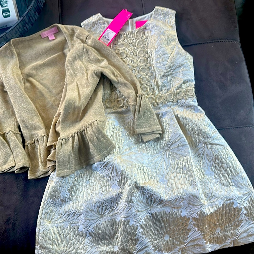 Lily Pulitzer holiday dress with matching gold sweater!